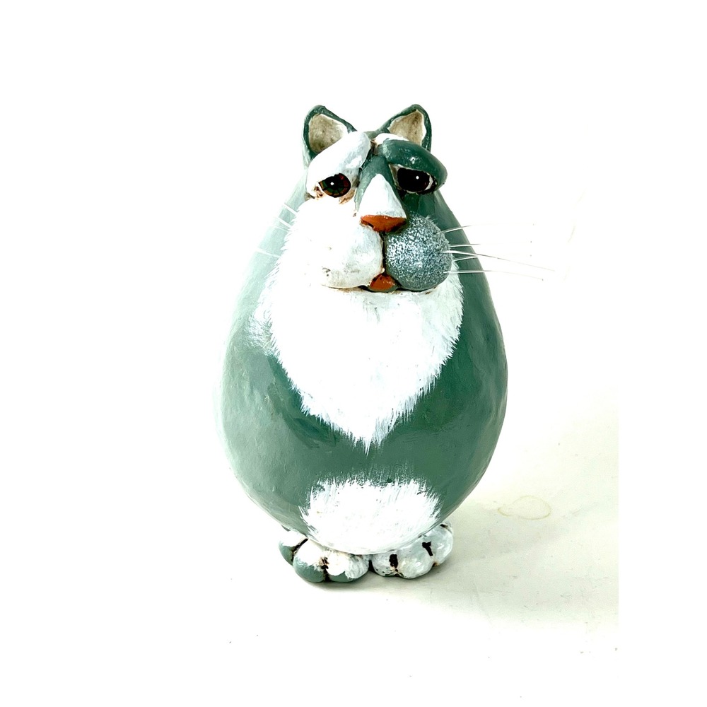 Thomas signed Clay Cat Figurine Grumpy Fat Green White Folk Art Pottery 5 Inch